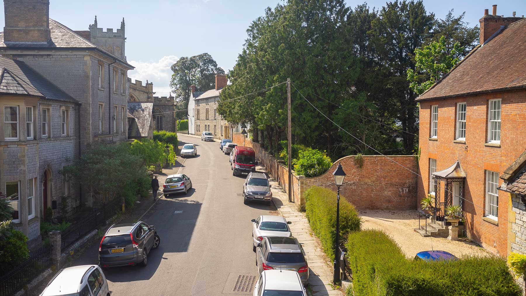 A view down the historic main street of Langport, Somerset
